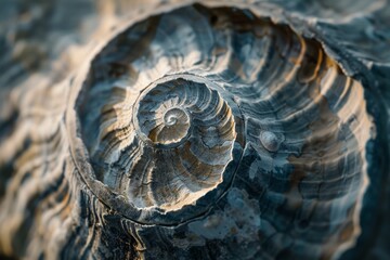 Leinwandbilder - An impressive display of the detailed marbled pattern within a prehistoric spiral shell fossil