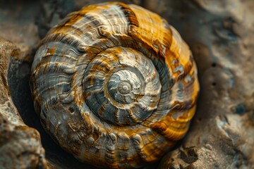 Leinwandbilder - Detailed capture of a brownish marine shell with a swirling pattern, set against a stone backdrop with rich color contrast