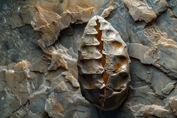 Leinwandbilder - The image features an intricate fossilized shell with a unique texture amidst rock formations