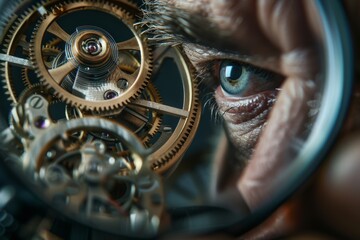 Aufkleber - Extreme close-up on detailed watch gears and a magnifying glass revealing human eye representing dedication and expertise