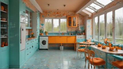 Wall Mural - Kitchen interior in mint and orange