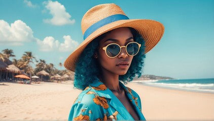 Wall Mural - beach background african pretty girl model fashion portrait posing with sunglasses and hat