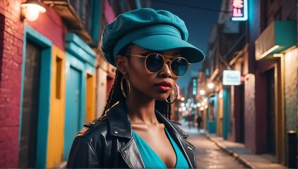 Wall Mural - city alley night background african pretty girl model fashion portrait posing with sunglasses and hat