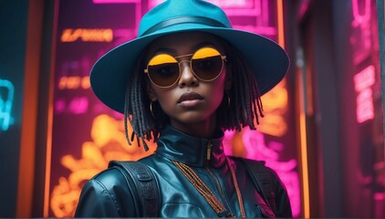 Wall Mural - cyberpunk background african pretty girl model fashion portrait posing with sunglasses and hat