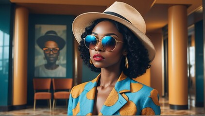 hotel lobby background african pretty girl model fashion portrait posing with sunglasses and hat