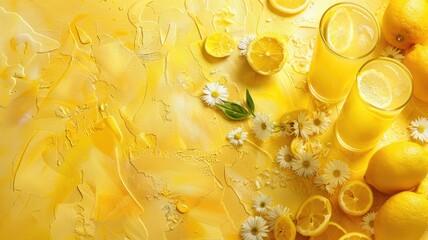 Wall Mural - Fresh lemons with juice and flowers on yellow backdrop