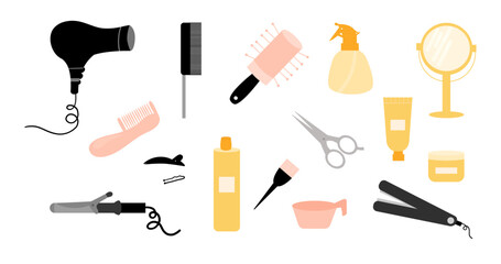 Set of tools for a hairdresser. Collection of  accessories for hair cutting and styling. Hair Dryer, hair brush, scissors, curling hair and tools for barbershop. Vector illustration, flat style. 