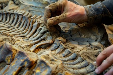 Poster - Close-up image of a hand brushing dirt off dinosaur bones during an archaeological dig