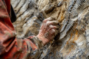 Poster - A meticulous process of a paleontologist chiseling away rock to reveal fossilized remains
