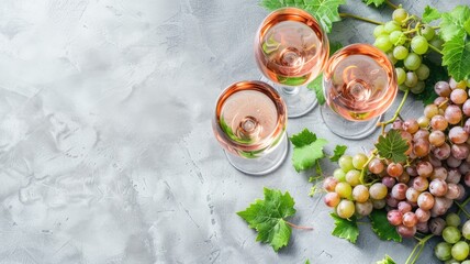 Two glasses of rose wine with fresh grapes on textured gray surface