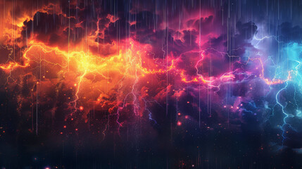 A radar screen displaying an abstract visualization of a rainstorm with vibrant colors, lightning bolts, and cloud formations, set against a dark background