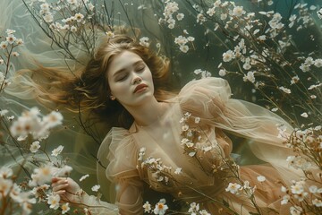 Aufkleber - An ethereal underwater portrait of a woman gracefully surrounded by floating white flowers