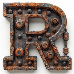 letter r is crafted from rusty metal sheets, complete with industrial rivets holding it together.