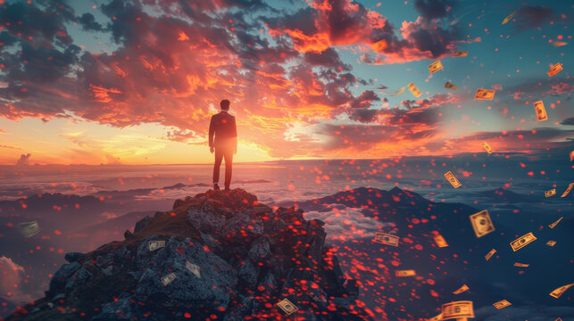 a conceptual scene of a suited businessman reaching the summit of a mountain at sunset, with a drama