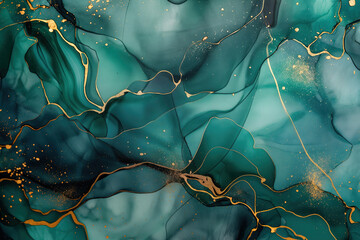 A closeup of an abstract painting in the style of alcohol ink, using emerald green and gold colors. The background is a blend of dark turquoise and black with golden lines.