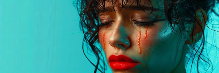 Wall Mural - A womans face adorned with water and blood, conveying a complex mix of emotions through her tears and visible anguish. Generative AI