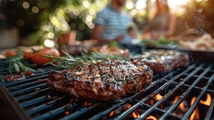 Wall Mural - Juicy steak sizzling on a grill with visible flames and smoke, seasoned with herbs