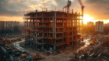 Wall Mural - The golden hour sun bathes a construction site with cranes and half-finished buildings in warm light