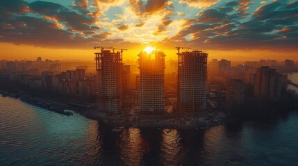 Wall Mural - Stunning riverfront construction site captured during the golden hour with sun setting behind the buildings