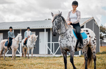 Poster - Woman, countryside and horseback riding or equestrian portrait, Appaloosa horse and friends on agriculture ranch. Outdoor sport, hobby and holiday in Argentina with rider, mare and holding reins