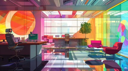Wall Mural - Illustrate a vibrant and colorful office space that fosters creativity and collaboration. --ar 16:9 Job ID: 754f1d3d-c29e-4f33-a311-08cd47ae0bc9
