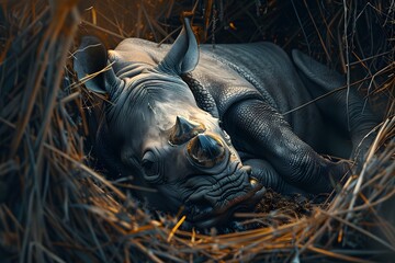 Wall Mural - a rhino is sleeping in a nest