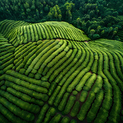 Wall Mural - Tea leaves, Tea field green plantation agriculture background top leaf farm landscape pattern drone. Organic field mountain green plant tea table view wooden product aerial display 