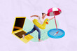 © deagreez - Composite photo collage of happy girl run wear duck lifebouy book vacation macbook device summer umbrella isolated on painted background