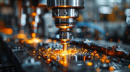 Wall Mural - An intricate image depicting an industrial CNC machine milling metal with vivid sparks and a blurry background