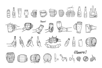 Wall Mural - Set of beer, glasses of beer, bottle of beer in hand, glass in hand in doodle style. Mug with beer, barrel. Cheers. Great for bar menu design, packaging, pub. Hand drawn.