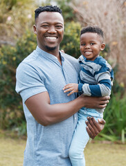 Poster - Happy, father or portrait of child in park for support in nature for care, safety or bonding together. Smile, love or proud single parent dad with kid for security, playing or growth in black family