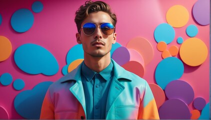 Wall Mural - bright colorful background handsome guy model fashion portrait posing with sunglasses