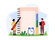 © Flash Vector - Organizer in notebook, diary and daily planning. Tiny people with pen, notepad with blank page and clock plan business tasks or school lesson training, organize schedule cartoon vector illustration
