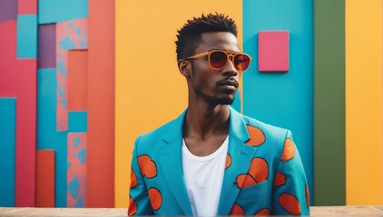 bright colorful background african handsome guy model fashion portrait posing with sunglasses