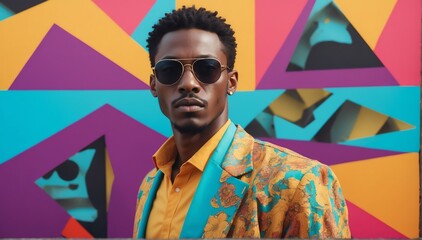 Wall Mural - bright colorful background african handsome guy model fashion portrait posing with sunglasses