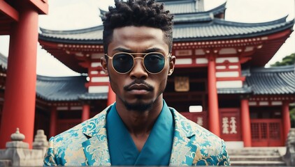 japanese temple background african handsome guy model fashion portrait posing with sunglasses