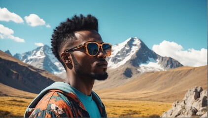 Wall Mural - mountain landscape background african handsome guy model fashion portrait posing with sunglasses