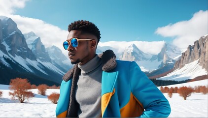 Wall Mural - winter landscape background african handsome guy model fashion portrait posing with sunglasses