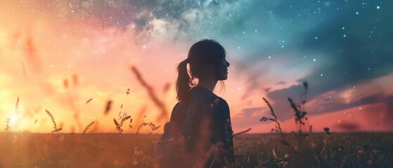 Wall Mural - A woman is standing in a field of tall grass, looking up at the sky
