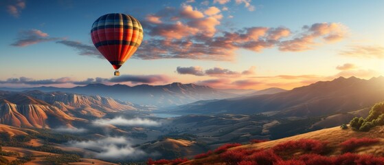 Poster - Hot air balloon in the blue sky over the mountains.