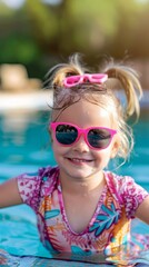 Poster - A young girl wearing a pink swimsuit and sunglasses is smiling in a pool