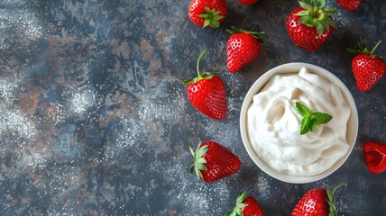 Wall Mural - Bowl of whipped cream with strawberries on dark background