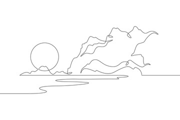 Poster - Dawn in the mountains. Lake, rocks, sea. Sunset against the backdrop of a mountain landscape. Sun silhouette. Lonely tree on a rock. One continuous line. Line art.Minimalism one line. White background