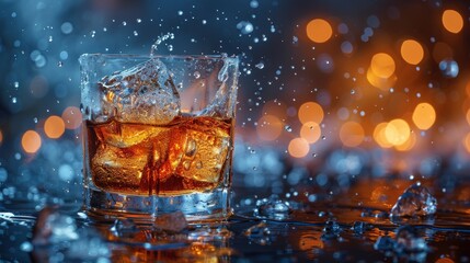 Glass of whiskey with ice splashing and festive bokeh lights in the background, giving a celebratory feel