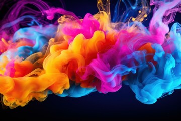 Poster - Abstract and colorful ink drops swirling in water against a dark background
