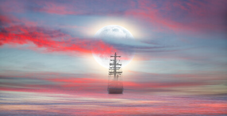 Fototapete - Sailing old ship in calm sea - Night sky with moon in the clouds 