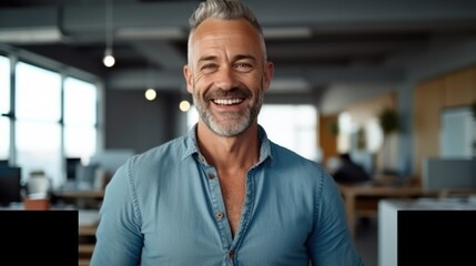 A man wearing a blue shirt smiles while standing in an office setting