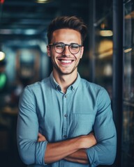 Wall Mural - A man wearing a blue shirt and glasses smiling