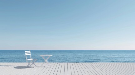 Wall Mural - A minimalist coastal scene with an empty white wooden deck overlooking the ocean, featuring a small table and chair for contemplation