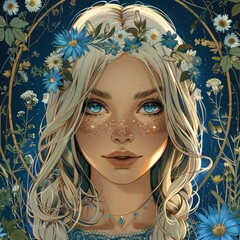 Wall Mural - Girl with blue flowers crown artistic fashion beauty portrait illustration design for travel and beauty blogs